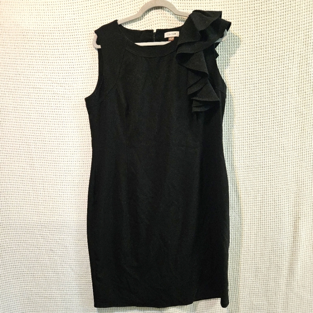 Calvin Klein Sz 16 Black Ruffled Fitted Midi Dress